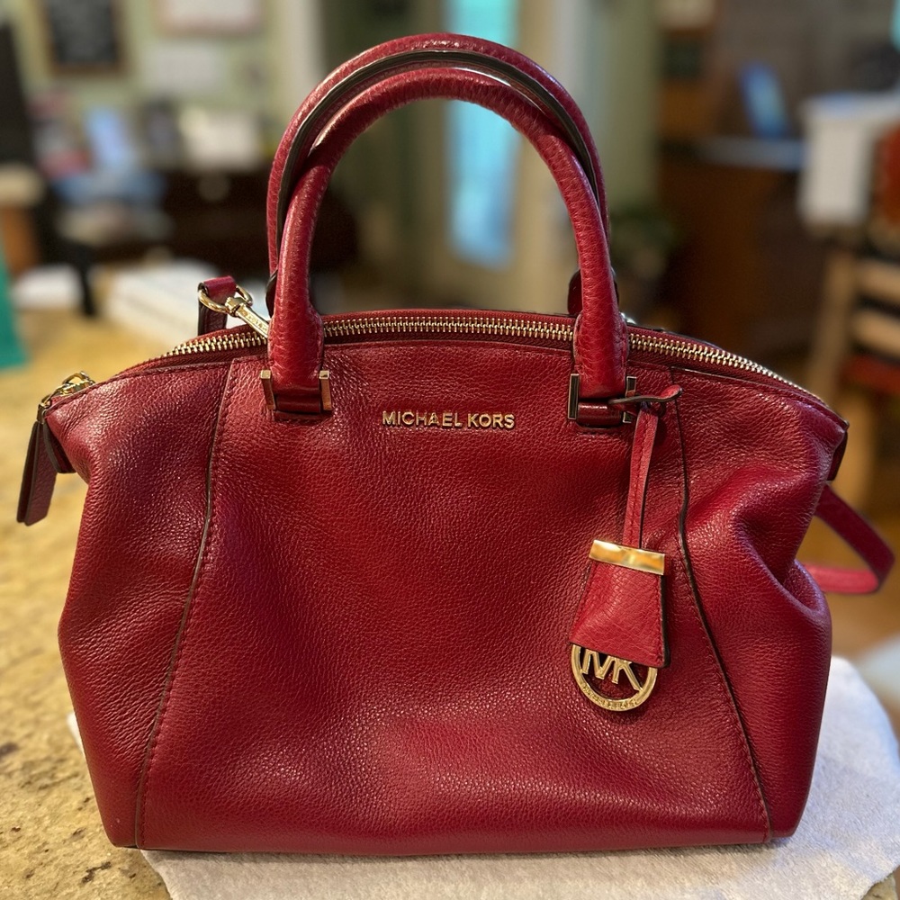 Michael Kors Small Riley Red Pebbled Leather Top-Handle Satchel Handbag